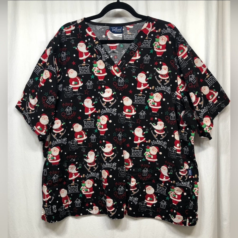 Tafford Scrub Top Christmas Santa Skiing Gifts Black Plus Size 2XL Short Sleeves
